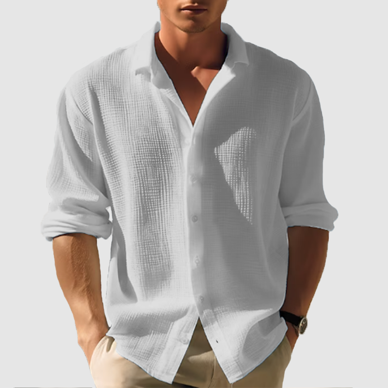 Men's casual lapel solid color long sleeve button top