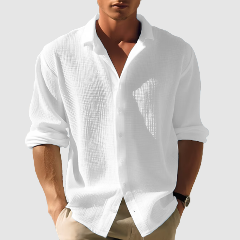 Men's casual lapel solid color long sleeve button top