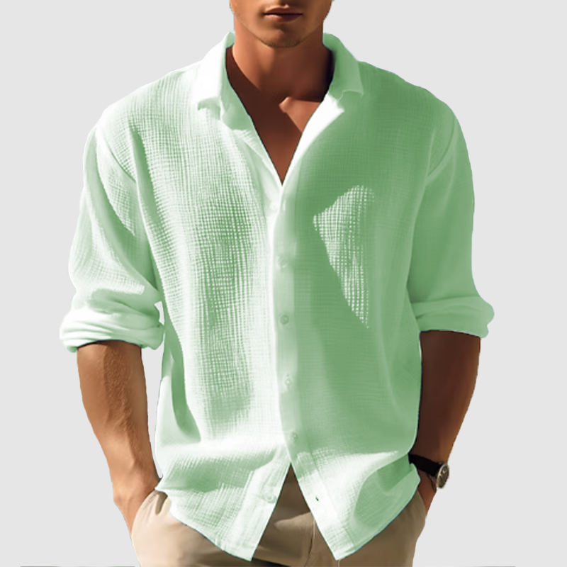 Men's casual lapel solid color long sleeve button top