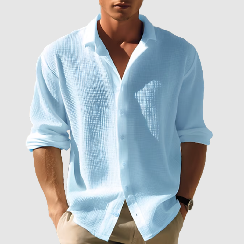 Men's casual lapel solid color long sleeve button top