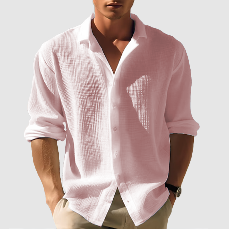 Men's casual lapel solid color long sleeve button top