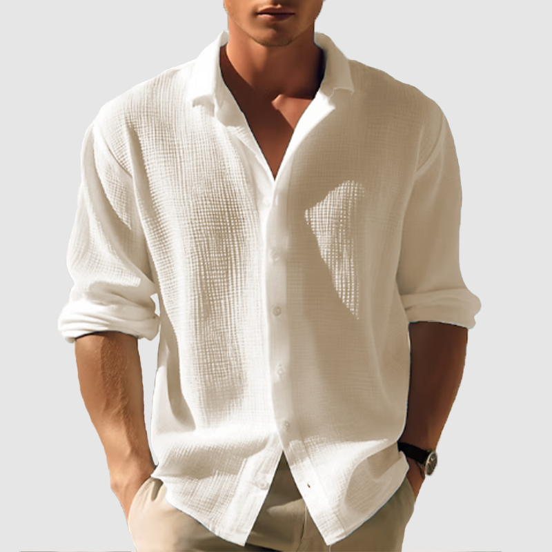 Men's casual lapel solid color long sleeve button top