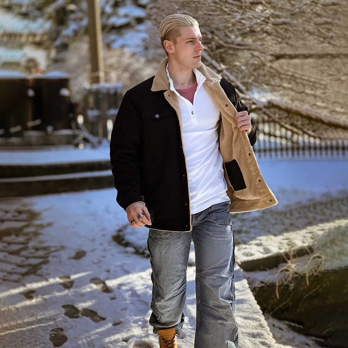 Men's Sherpa Trucker Jacket 5 Pockets Cotton Cargo Jacket Turn-down Collar Winter Coats