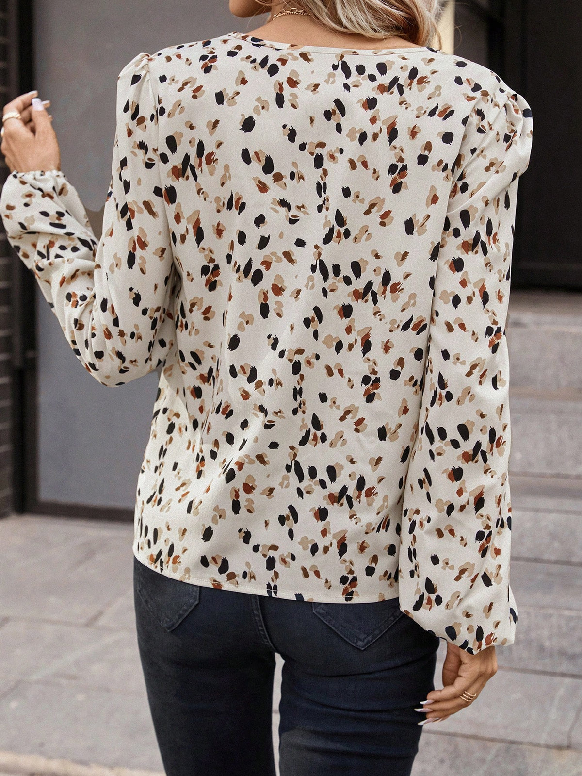 SHEIN LUNE Women Casual/Office Round Neck V-Notch Faux Placket Puff Sleeve Floral Print Long Sleeve Blouse