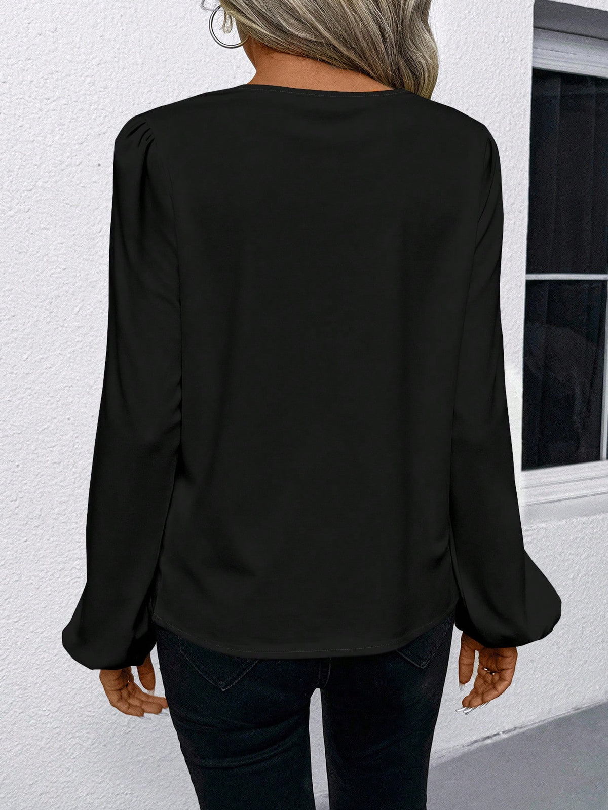 SHEIN LUNE Women Casual/Office Round Neck V-Notch Faux Placket Puff Sleeve Floral Print Long Sleeve Blouse