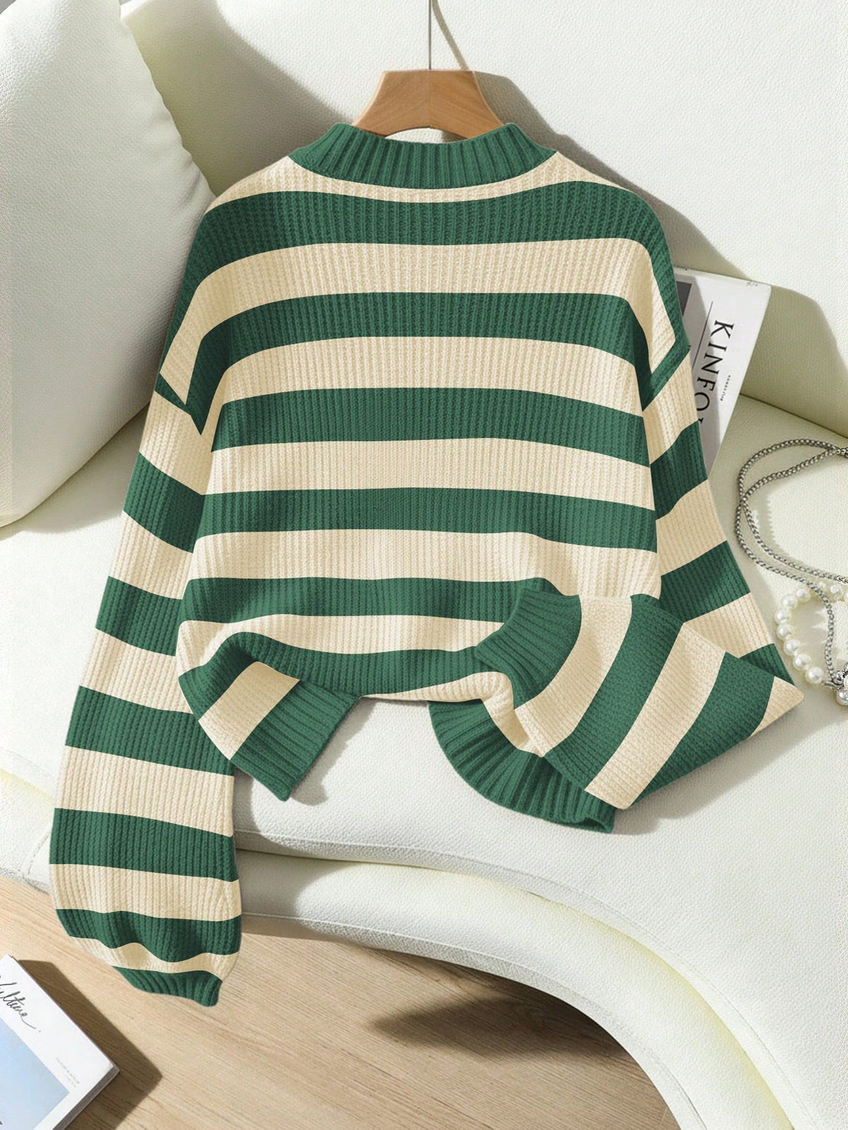 SoleilVie Striped Pattern Drop Shoulder Sweater,Long Sleeve Tops Knit Pullover Fall Winter Sweater