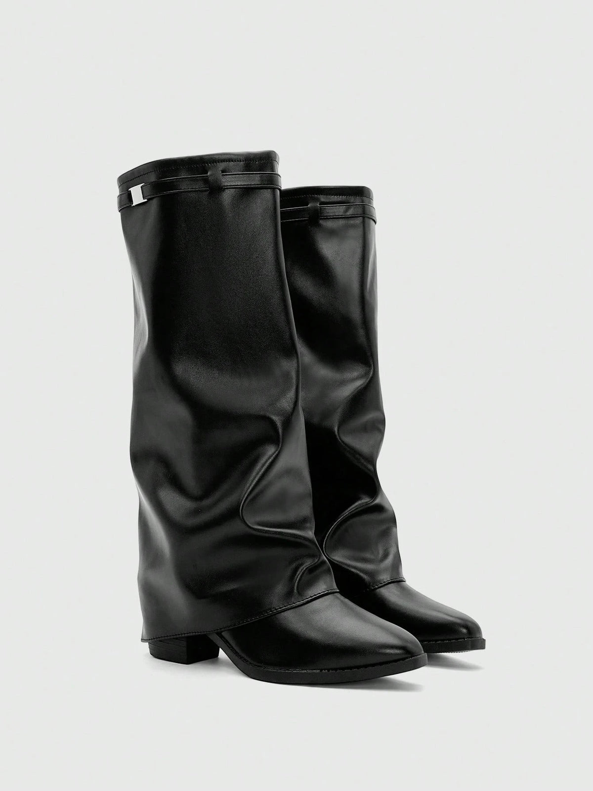Aloruh Fal inter Vegan Leather Slip-On Knee-High Boots With Chunky Heels