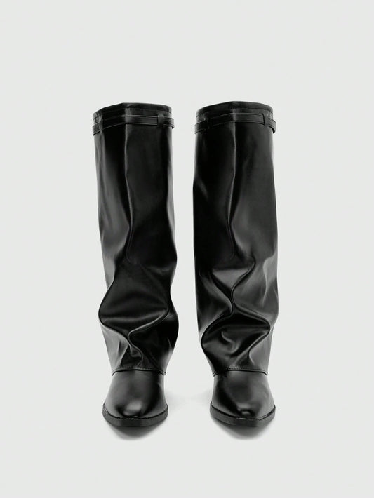 Aloruh Fal inter Vegan Leather Slip-On Knee-High Boots With Chunky Heels