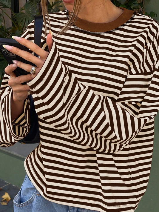 Women's Casual Top, Striped Contrast Ribbed Knit, Everyday Wear, Spring/Autumn
