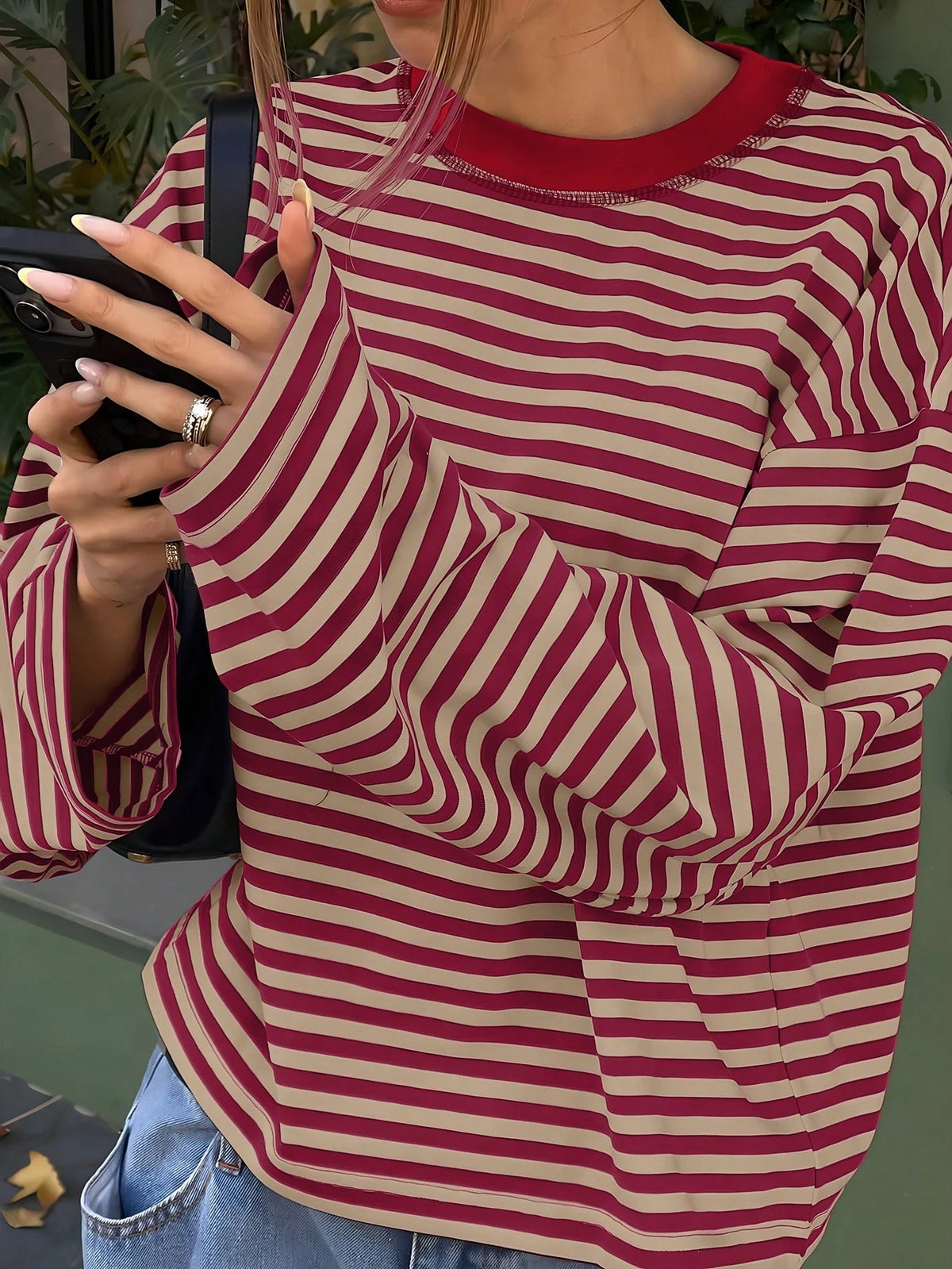 Women's Casual Top, Striped Contrast Ribbed Knit, Everyday Wear, Spring/Autumn