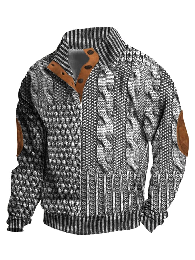 Men's Casual Retro Cashmere Stand Collar Button Sweatshirt
